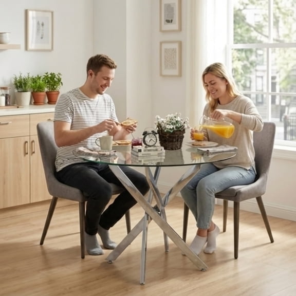 35.5" Glass Round Dining Table, Modern Kitchen Table for Small Space, Tempered Glass Top for Home Kitchen Dining Room, Chrome