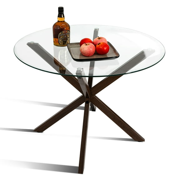 35.5" Glass Round Dining Table with Solid Metal Legs, Transparent
