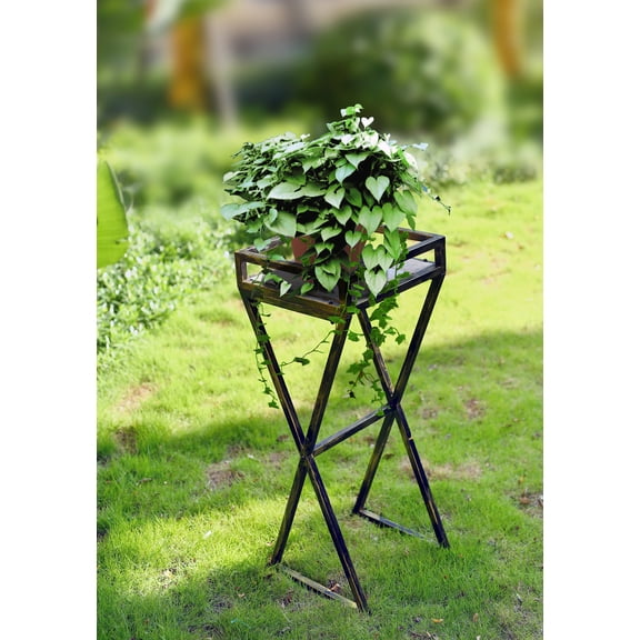 35.5" Gray Stone Slab Black / Gold Metal Plant Stand