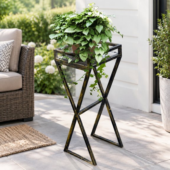 35.5" Gray Stone Slab Plant Stand with Black and Gold Metal Frame for Indoor Outdoor Decor
