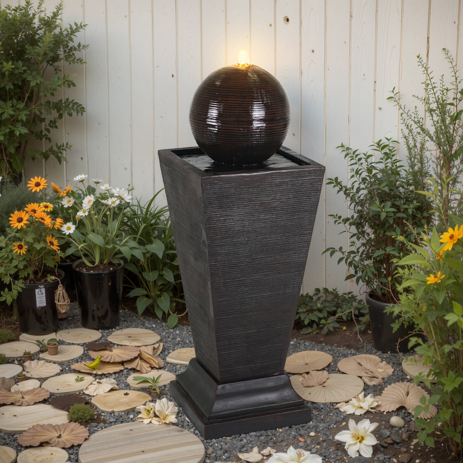 35.5'' H Outdoor Water Fountain with LED Light,Outdoor Fountain and Waterfalls for Garden or Patio,Yard,and Deck Decor,Dark Brown