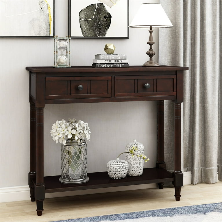 35.5 Inch Antique Entry Console Table with Two Drawers and Bottom Open Shelf Solid Wood Sofa Couch Table for Entryway Hallway Living Room and Bed Room Espresso Walmart