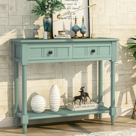 35.5 Inch Antique Entry Console Table with Drawers & Bottom Open Shelf, Solid Wood Sofa Couch Table for Entryway Hallway Living Room (Mint Green)