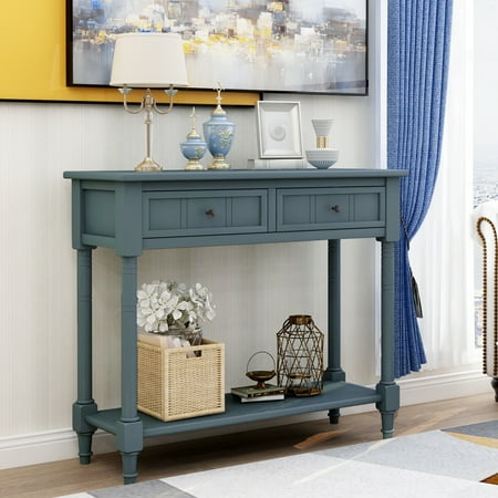 35.5 Inch Antique Entry Console Table with Drawers & Bottom Open Shelf, Solid Wood Sofa Couch Table for Entryway Hallway Living Room (Navy)