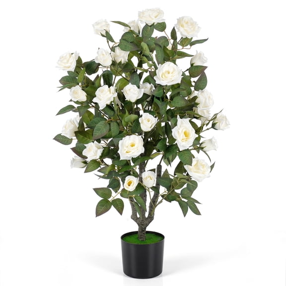 35.5 Inch Artificial Rose Tree with Cement Base, White Faux Floral Plant for Indoor Outdoor Home Office Patio Porch Yard Decor