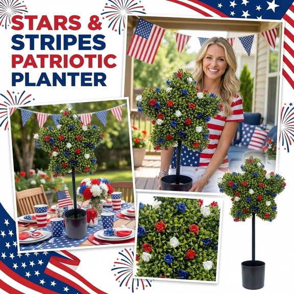 35.5 Inch Artificial Star Shaped Patriotic Topiary Tree Small Red White Blue Star Shaped Topiary Tree with Ground Spike for Front Door Outdoor Decor 4th of July Decoration