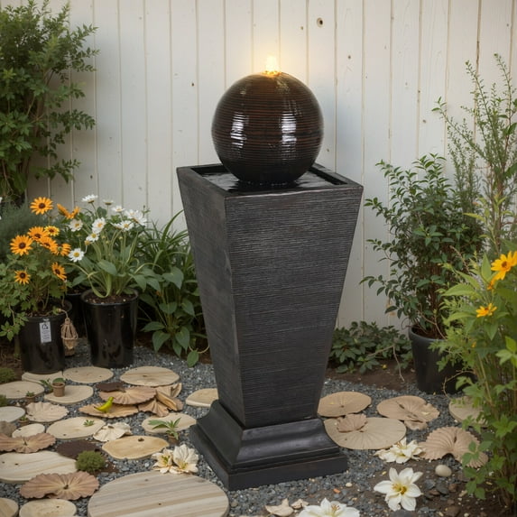 35.5 Inch Dark Brown Concrete Tall Column Fountain with LED Lighting for Outdoor Garden and Patio – Retro Style Water Feature for Classical Landscape Decor
