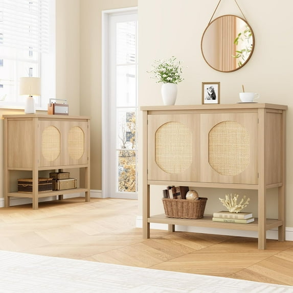 35.5 Inch Rattan Entryway Console Table,Slim Sofa Side Table with Storage Cabinet & Open Shelf, Modern Farmhouse Accent Furniture, Natural