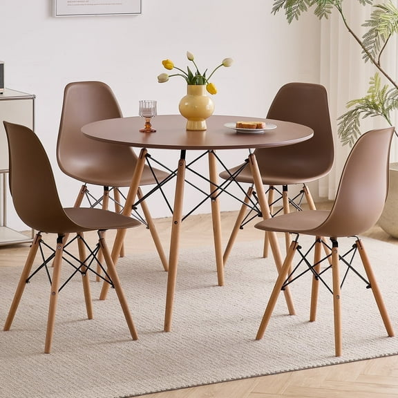 35.5 Inch Round Dining Table Set for 4, 5 Piece Compact Mid-century Modern Table Chair Set for Living Room, Kitchen, Apartment, |Plastic Seats|, |Sturdy Wooden Legs||Metal Frame|, Brown