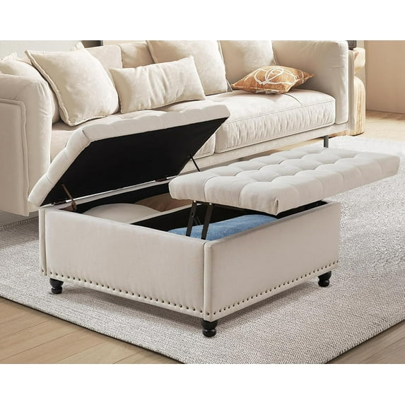 35.5" Large Square Ottoman with Storage, Tufted Upholstered Storage Ottoman with Lift Top & Solid Legs for Bedroom Room, Extra Large Coffee Tables Bench for Living Room as Footstool (Beige)