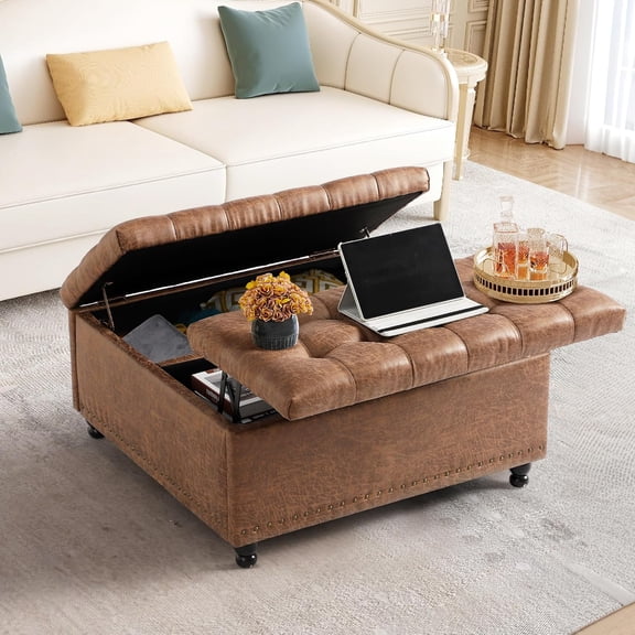 35.5" Large Square Ottoman with Storage, Tufted Upholstered Storage Ottoman with Lift Top & Solid Legs for Bedroom Room, Extra Large Coffee Tables for Living Room as Footstool (Brown)