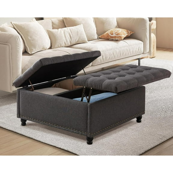 35.5" Large Square Ottoman with Storage, Tufted Upholstered Storage Ottoman with Lift Top & Solid Legs for Bedroom Room, Extra Large Coffee Tables  for Living Room as Footstool (Grey)