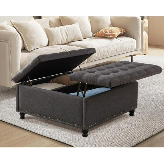 35.5" Large Square Ottoman with Storage, Tufted Upholstered Storage Ottoman with Lift Top & Solid Legs for Bedroom Room, Extra Large Coffee Tables for Living Room as Footstool (Grey)