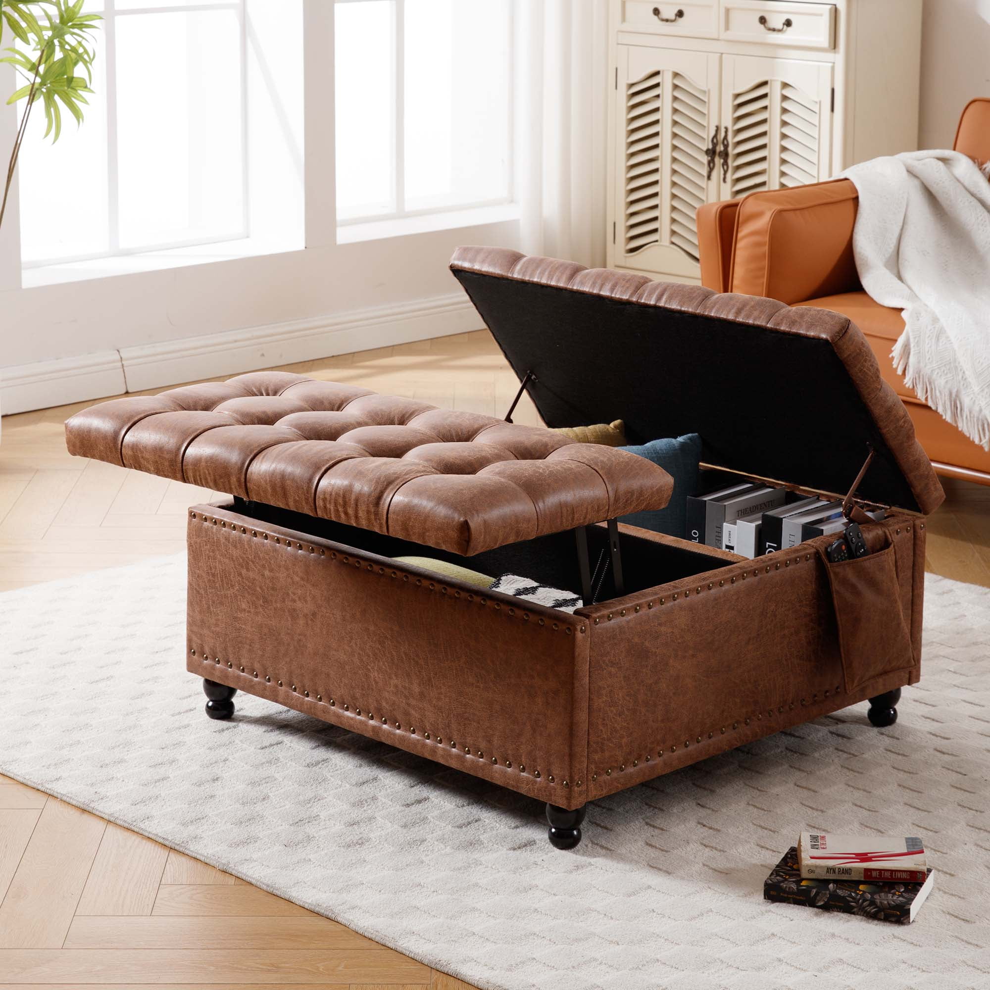 35.5" Large Square Storage Ottoman Coffee Table, Tufted Upholstered