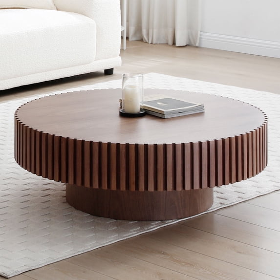 35.5" Round Coffee Table, Modern Drum Fluted Center Table with Solid Wood Veneered, Accent Circle Side Table Tea Table for Living Room Apartment, Walnut
