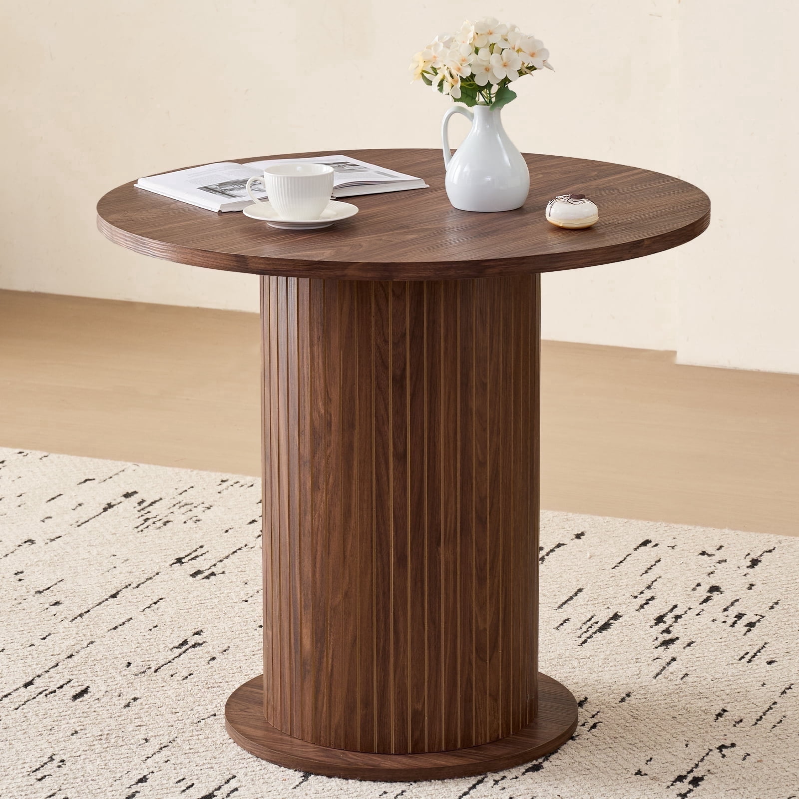 35.5" Round Dining Table for 2, Modern Small Pedestal Kitchen Table, Space Saving, for Apartment Dining Living Room. Brown