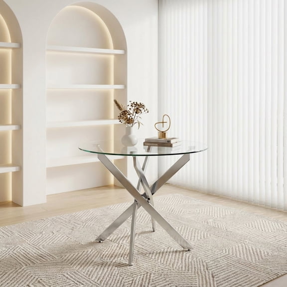 35.5" Round Tempered Glass Dining Table Chrome Metal Legs Modern Kitchen Table for Small Spaces