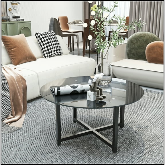 35.5'' Round Whole Black Coffee Table, Clear Coffee Table，Modern Side Center Tables