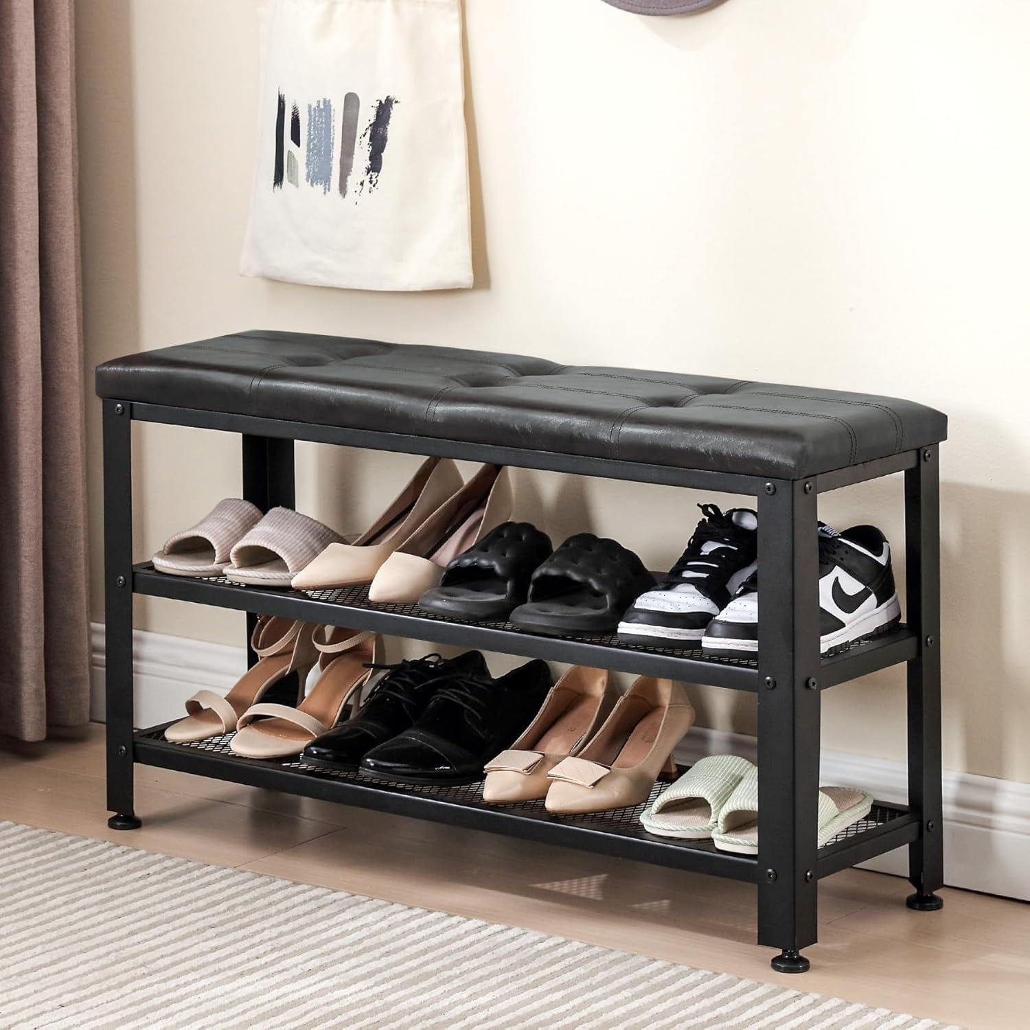 Shoe Rack Bench, 3-Tier Entryway Bench, with Leather Seat