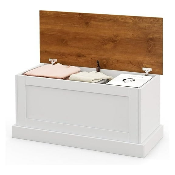 35.5 Storage , Lift Top Storage Box with Metal Hinges, Entryway Storage Chest with Safety Hydraulic Strut, Large Farmhouse Storage Trunk for Living Room, Bedroom, White and Natural