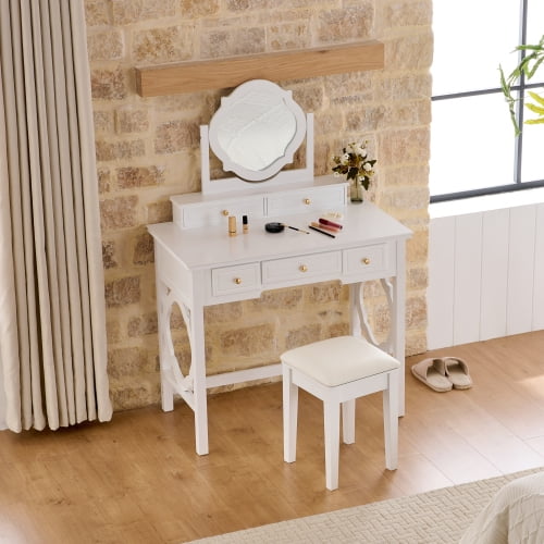 35.5" White Compact Makeup Vanity Table with Reversible Mirror and Stool Space-Saving Dressing Table for Small Spaces