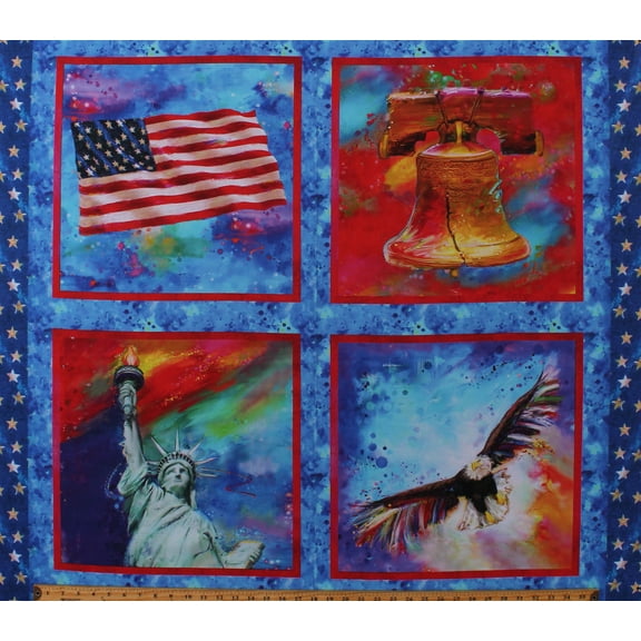 35.5" X 43" Panel American Icons Liberty Bell Statue of Liberty American Eagle Flag Stars and Stripes Patriotic Cotton Fabric Panel (RN-118678)