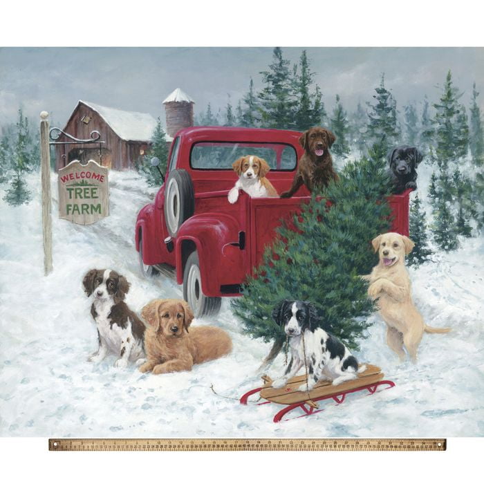 35.5" X 44" Panel Christmas Tree Farm Dogs Puppies Red Truck Winter Christmas Holidays Cotton Fabric Panel (ML-3630-3C-1MULTI)