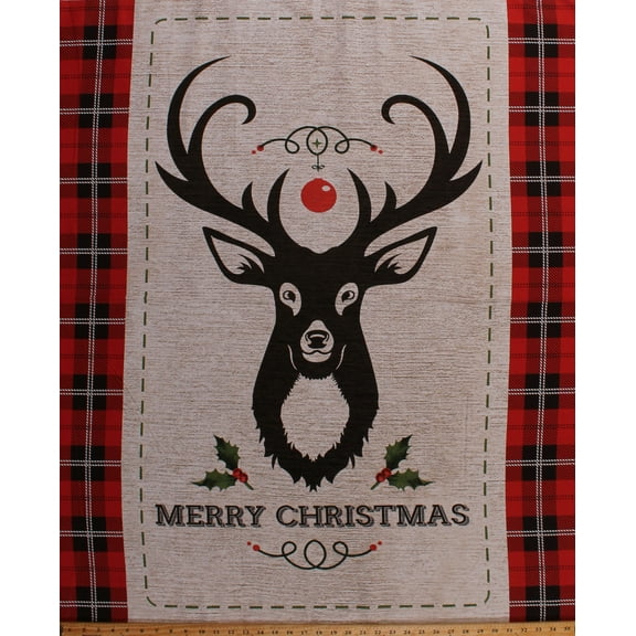 35.5" X 44" Panel Holiday Antlered Buck Deer Head Northwoods Lodge Cabin Merry Christmas Festive Plaid Cotton Fabric Panel (69522-A620715)