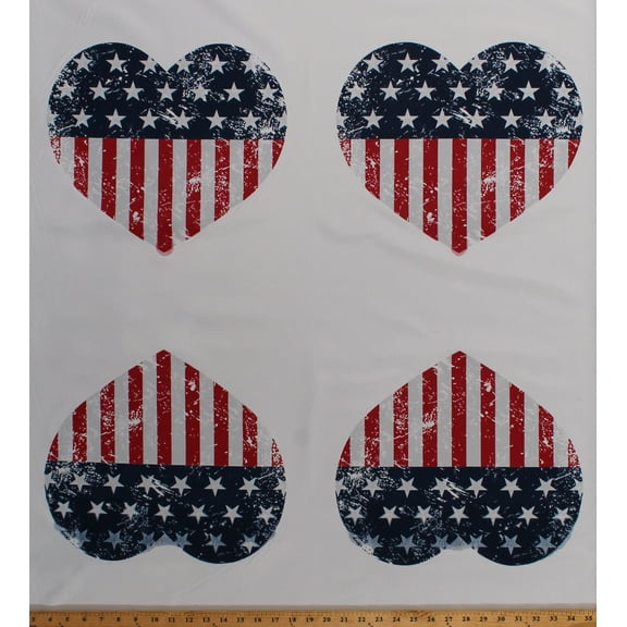 35.5" X 68" Packcloth Panel - Patriotic Hearts on White USA American Flag United States of America 4th of July Nylon/Polyester Indoor/Outdoor Decorator Fabric by the Panel (D245.18)