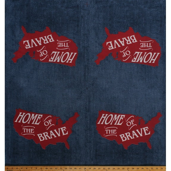 35.5" X 68" Panel - Packcloth United States of America "Home of the Brave" 4th of July Patriotic USA Red Silhouettes on Blue Denim-Look Indoor/Outdoor Decorator Fabric by Panel (D245.16)
