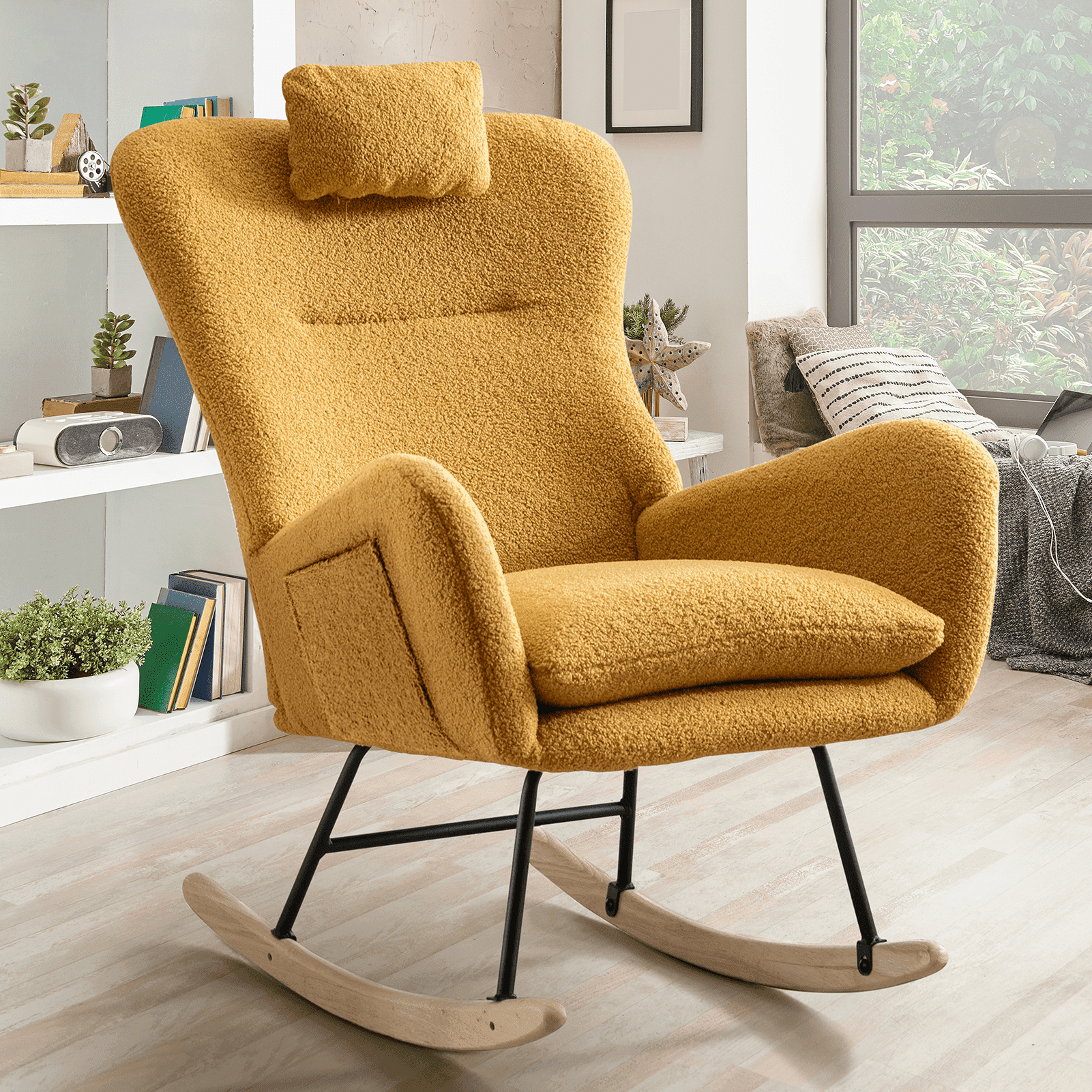 35.5 inch Rocking Chair with Pocket, Soft Teddy Fabric Rocking Chair ...