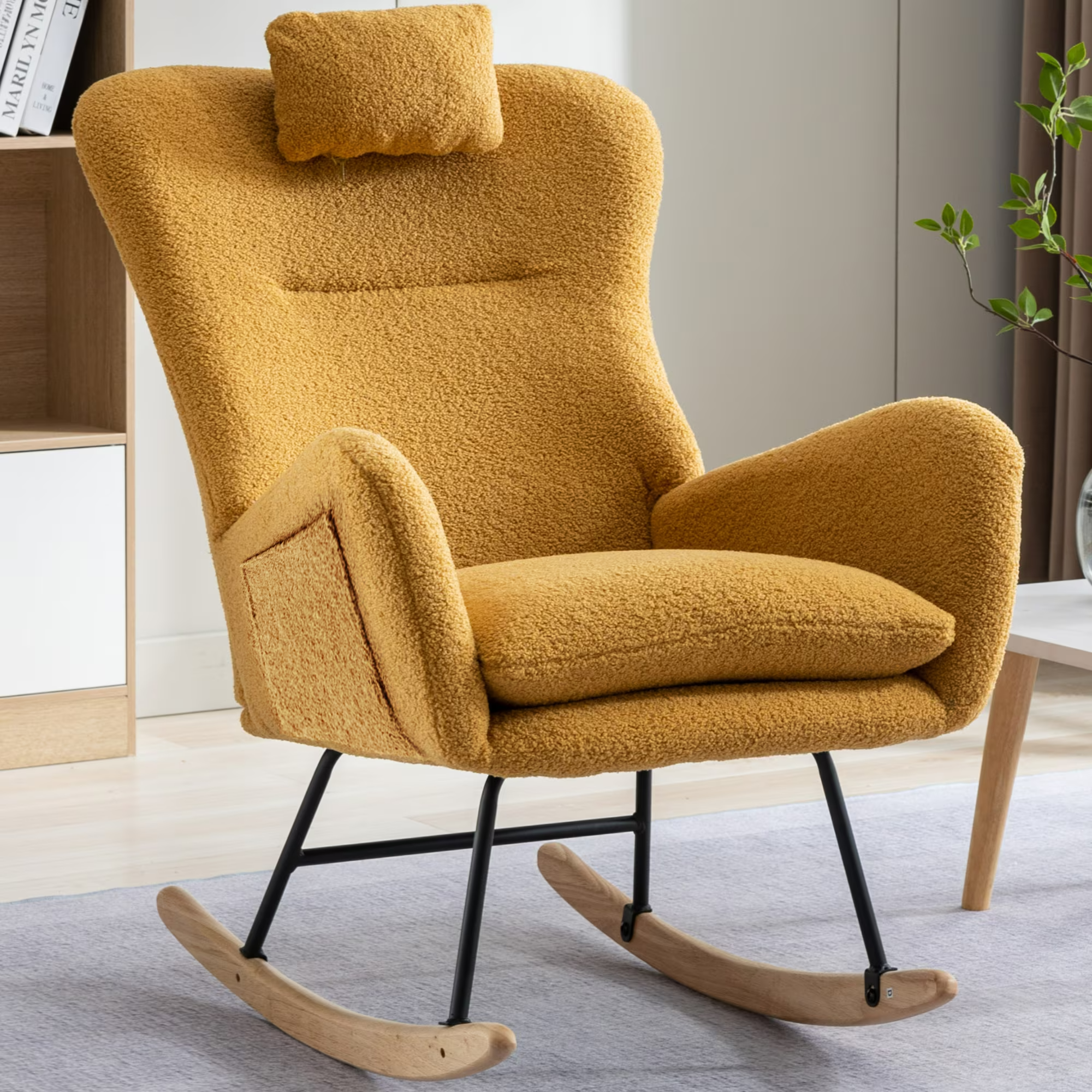 35.5 inch Rocking Chair with Pocket, Soft Teddy Fabric Rocking Chair