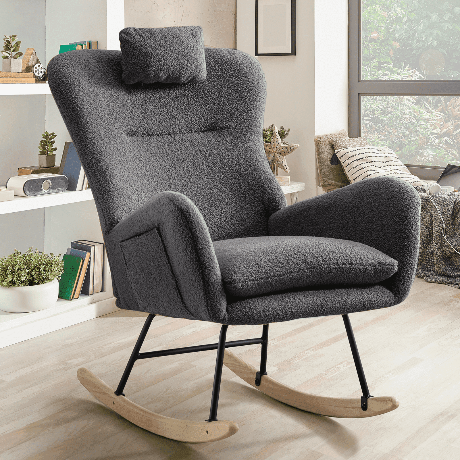35.5 inch Rocking Chair with Pocket, Soft Teddy Fabric Rocking Chair ...