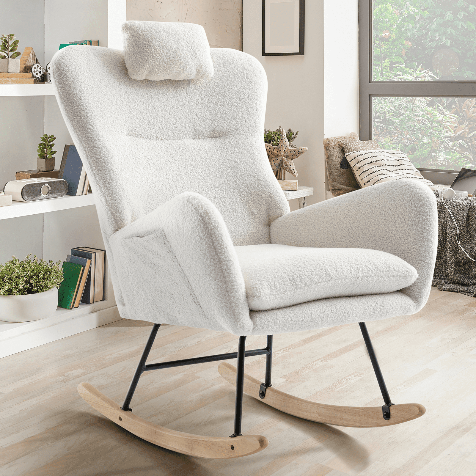 35.5 inch Rocking Chair with Pocket, Soft Teddy Fabric Rocking Chair ...