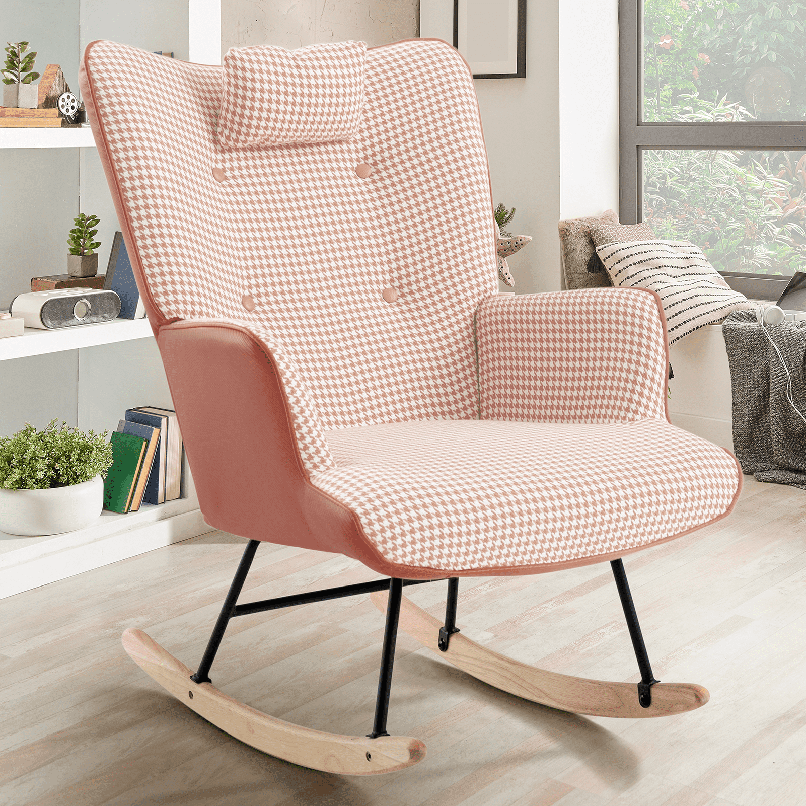 35.5 inch Rocking Chair, Soft Houndstooth Fabric Leather Fabric Rocking ...