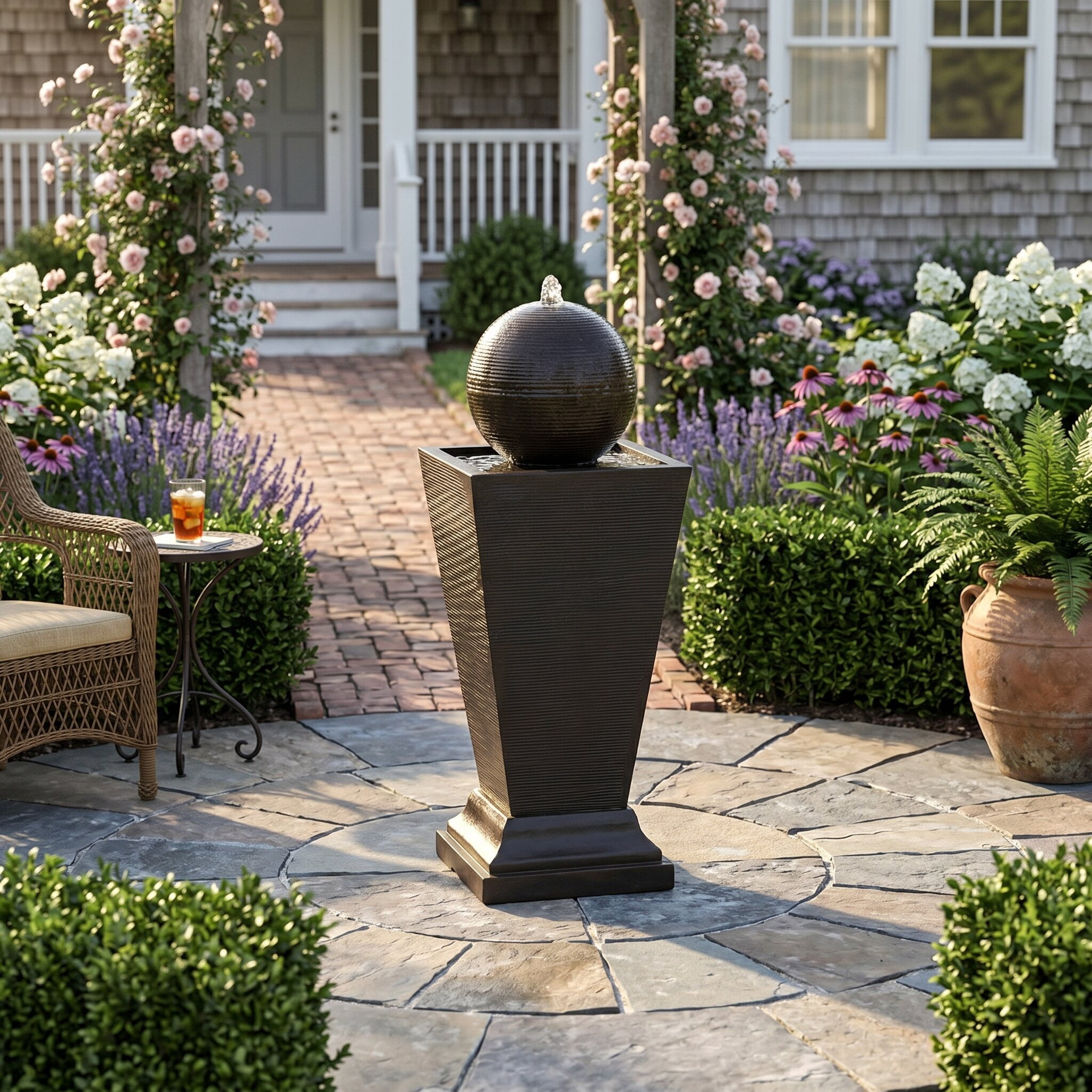35.50" H Modern Outdoor Water Fountain with LED Light, Resin Sphere Pedestal Water Feature with Recirculating Pump for Patio, Garden, Yard Decor, Brown