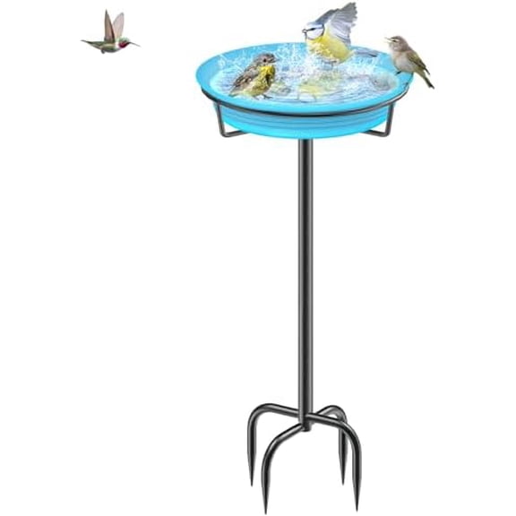 35.5In Freestanding Birdbaths Bowl Outdoor, Free Standing Garden Bird Bath Bird Feeder Bowl with Metal Stake, Detachable Decoration Spa Birdfeeder for Garden Patio Yard Lawn, 4 Spiky Feet (Blue)