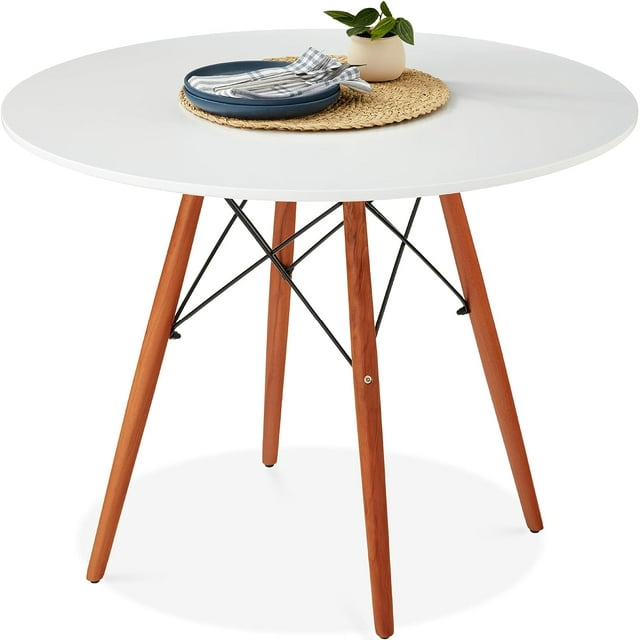 35.5in Round Dining Table, Compact Mid-Century Modern Table for 2-4, Home, Kitchen, Apartment w/Beech Wood Legs, Metal Frame - White