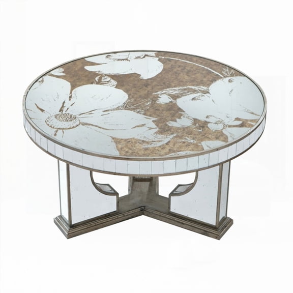 35.5x35.5x19" Round Coffee Table with Elegant Floral Design and Mirrored Silver Finish - Modern Home Decor