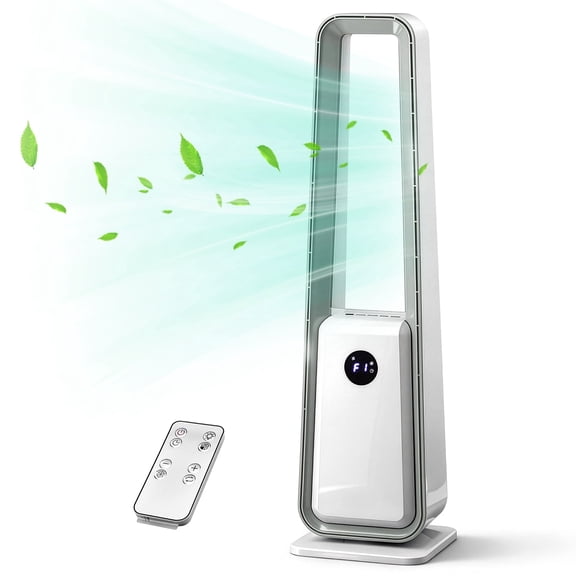 35.6 Bladeless Tower Fan for Bedroom,  Powerful Standing Fan with Remote, 3 Speeds, 3 wind modes, 12H Timer, Electronic Display Screen, Wide Oscillating Floor Fans for Room, Home, Office, White