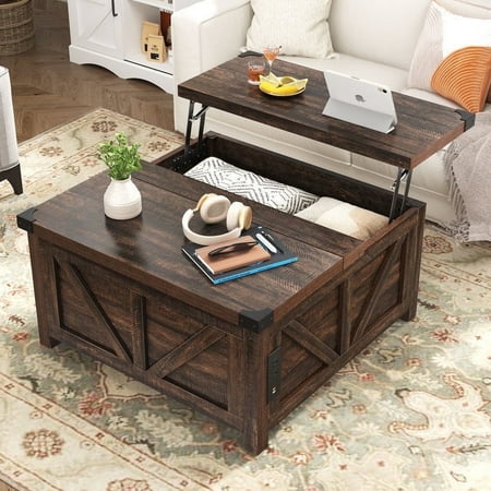 35.6" Farmhouse Lift Top Coffee Table with Charging Ports,Large Square Coffee Table with Storage, Wood Center Table w/Large Hidden Space for Living Room Home Office,Brown
