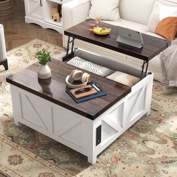 35.6" Farmhouse Lift Top Coffee Table with Charging Ports,Large Square Coffee Table with Storage, Wood Center Table w/Large Hidden Space for Living Room Home Office,White Brown