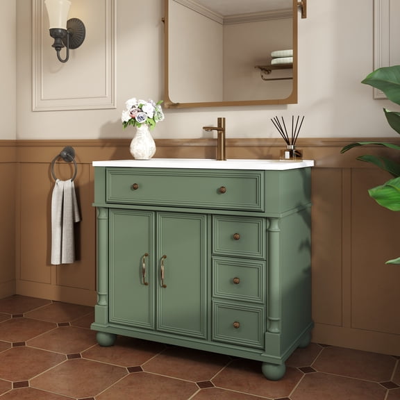35.6 Freestanding Bathroom Vanity with Storage, Mid-Century Farmhouse Vanity Sink with Solid Wood Roman Columns, Green Bath Cabinet for Restroom, Easy Assembly