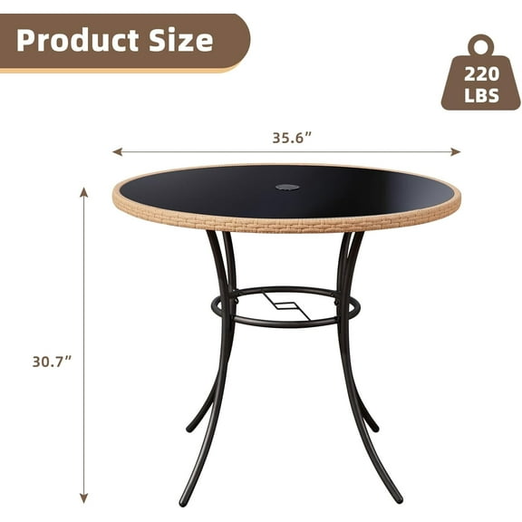35.6-Inch Round Outdoor Dining Table for 4-6, All-Weather Steel Frame & Glass Tabletop with Umbrella Hole,  Furniture for Garden, Backyard, Poolside, Black(Only Table)