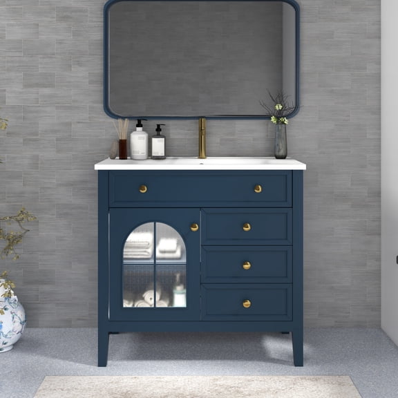 35.6" Medieval-Style Bathroom Vanity Sink with Motion-Sensor Light, Farmhouse Freestanding Vanity Cabinet, Patterned Glass Doors & Flip Drawer, Integrated Ceramic Basin, White