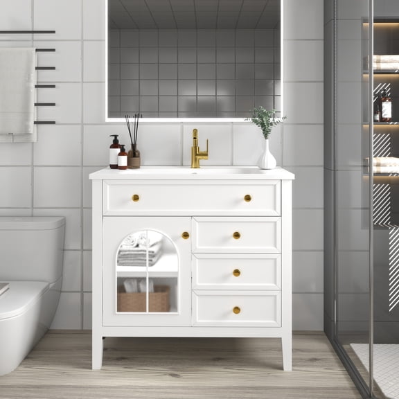 35.6 Mid-Century Bathroom Vanity with Patterned Glass & Motion-Sensor Light, Farmhouse Freestanding Vanity Cabinet, White MDF+Glass, High-End Restroom Storage