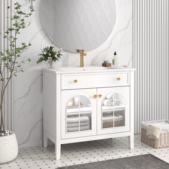 35.6" Mid-Century Bathroom Vanity Sink with Patterned Glass & Motion-sensor Light Strip, Farmhouse Freestanding Bathroom Vanity Sink with Storage, High-end Restroom Vanity Cabinet,White