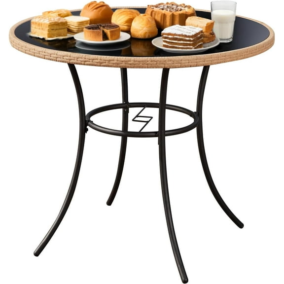 35.6" Round Patio Desk, Outdoor Wicker Dining Table with Umbrella Hole, Tempered Glass Top for 4-5 Persons, Bistro Rattan Furniture Garden Tables for Balcony, Backyard - Black Metal Steel Slat