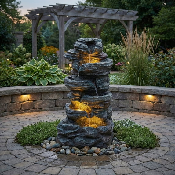35’’ 6-Tier Large Outdoor Water Fountain, Cascading Stone Design with 3 Warm LED Lights and 6-Foot Power Cord