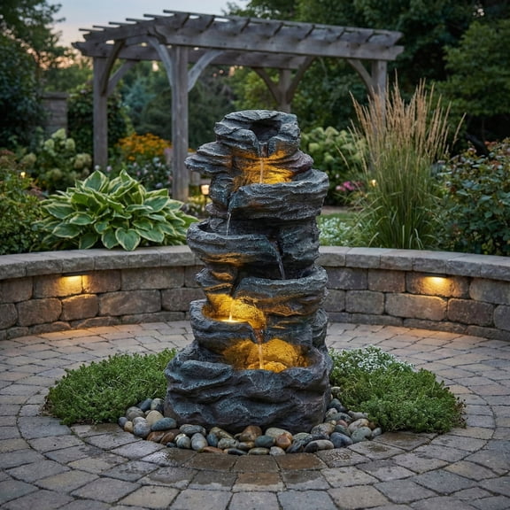 35 6-Tier Large Outdoor Water Fountain, Cascading Stone Design with 3 Warm LED Lights and 6-Foot Power Cord